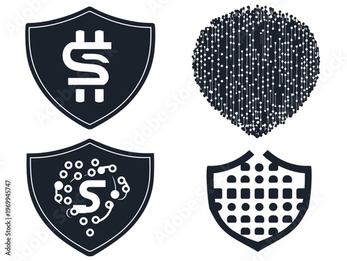 Four dark shield-shaped graphics with different internal designs on a white background