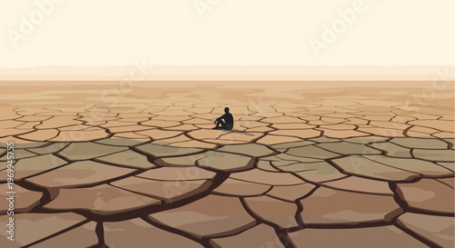Desert landscape with person sitting on dry cracked earth