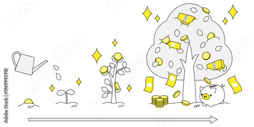 貯金と投資でお金が増える成長ステップのイラスト（資産形成・複利・長期投資） 線画