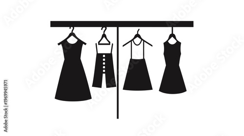 Silhouetted illustration of clothing items, including dresses and a pair of pants, on hangers