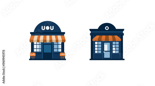 Two cartoon-style buildings with striped awnings, resembling shops, on a white background