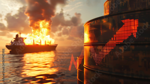 price graph of the energy market showing rising energy shortage crisis the effect from middle east conflict and oil barrels, symbolizing supply disruption.	