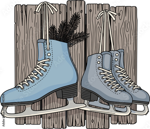 A pair of vintage light blue ice skates hanging on a wooden peg outside a weathered turquoise door, casting a soft shadow, evoking a nostalgic and rustic winter charm.