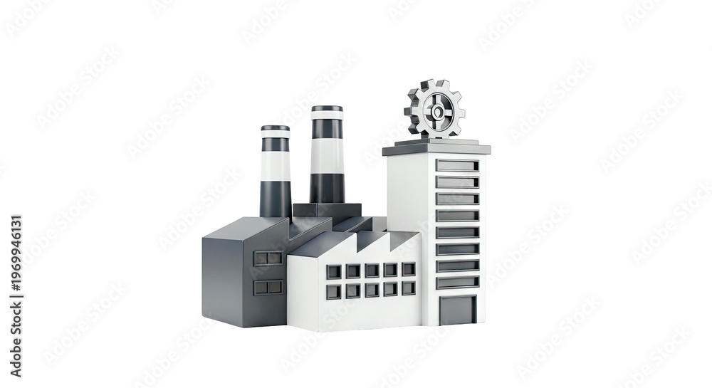 Naklejka premium 3D Render of a Modern Factory Building with Chimneys and Gear