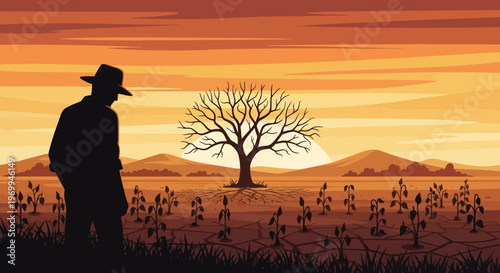 Desert Landscape with Man and Dead Tree at Sunset