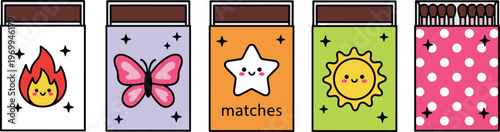 Cutesy Kawaii Matchbox Vector Set Featuring Colorful Fire Butterfly Star Sun and Polka Dot Patterns for Creative Graphic Design Projects