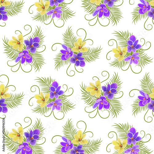 Bouquets of multi-colored crocuses on a transparent background.Vector seamless pattern with bouquets of crocuses and leaves on a transparent background.