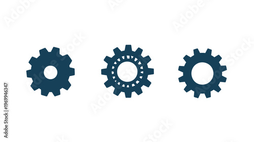 Three stylized, dark blue gear icons, each with different internal designs, on a white background