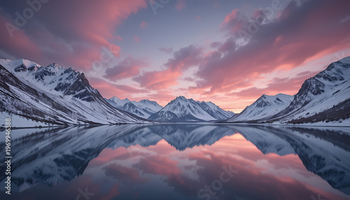 A serene mountain landscape with a calm lake reflecting a vibrant pink and purple sunset