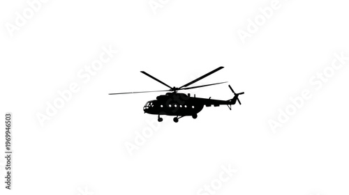 Silhouetted illustration of a helicopter in flight, black against white, with rotating blades