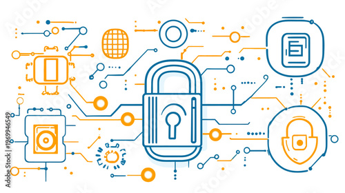 Circuit board design with a padlock in the center, symbolizing data protection and security