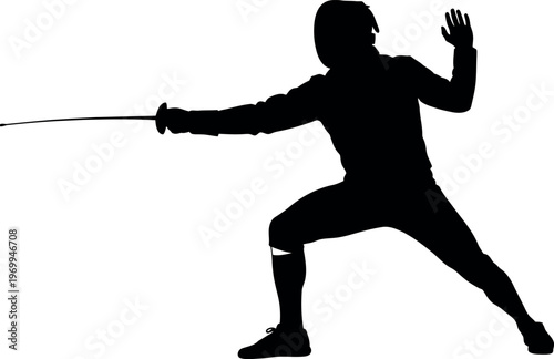 Silhouette of a fencer in a defensive stance with a sword