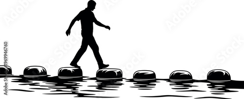 Silhouette of a person walking on stepping stones in water