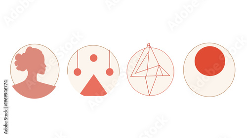 Minimalist circles with different geometric figures and a woman's profile in a warm color palette