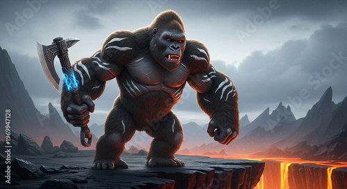 A powerful gorilla stands on a cliff holding a glowing axe in a dramatic landscape