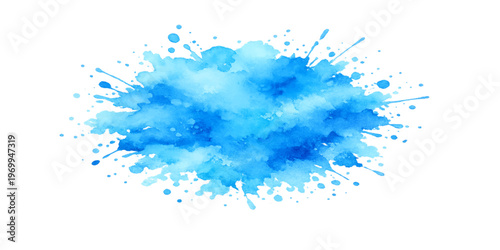 Abstract blue watercolor background featuring artistic ink splashes and grunge paint splatters on a liquid paper texture illustration