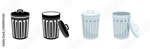 Metal Trash Cans with Lids in Different Styles Vector Set