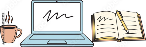 Laptop book and coffee cup for office tasks and work breaks with warm drink.