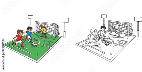 Vector illustration of cute little boys playing soccer on the field. Colored and black and white line art versions for coloring book. Isometric view.