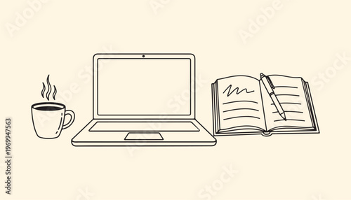Laptop open book and coffee cup with steam suggesting work and break.