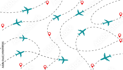 Seamless Airplane Travel Pattern Vector with Flight Route Dotted Lines and Location Pin Map Background