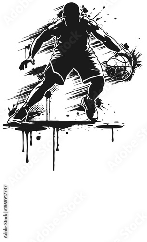 High-contrast black and white illustration of a basketball player dribbling with gritty grunge splatter, halftone texture and urban street art energy conveying motion