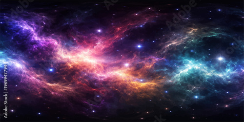 A deep outer cosmos illustration featuring a dark abstract galaxy background with a bright blue nebula, glowing stars, and a fantasy starry sky