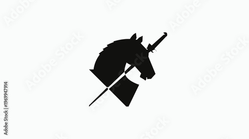 A silhouette of a horse's head with a sword piercing through it and geometric shapes