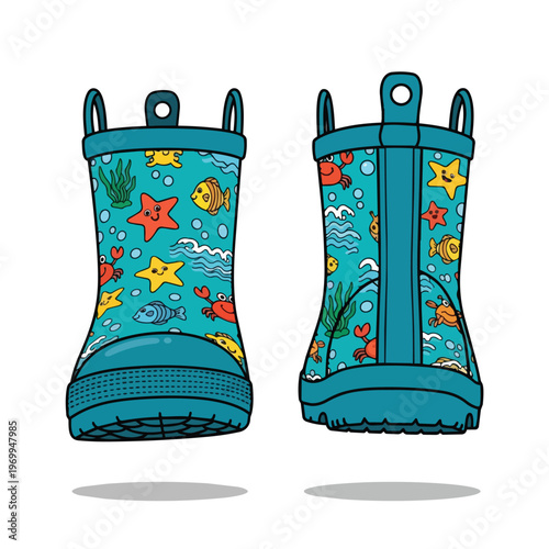 Cartoon Ocean Life Pattern Kids Rain Boots Illustration