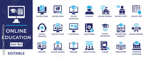 Online education e learning study course training flat icon set
