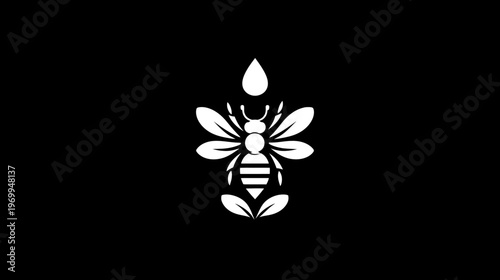 A stark white illustration of a stylized bee with a drop above and floral elements below, set on black