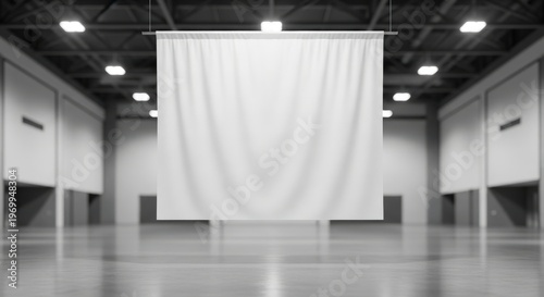 A large white banner hangs from the ceiling in a spacious empty room with bright lights