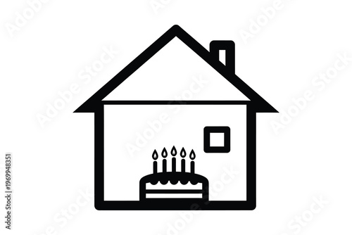 Minimalist black and white line drawing of a house with a birthday cake inside, celebrating home and family joy.