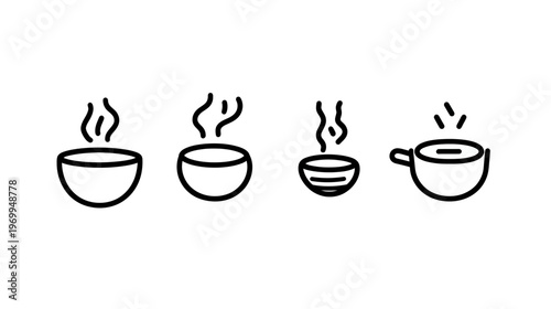 Black line drawings of steaming bowls and a cup, signifying warmth and beverages