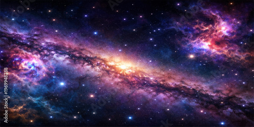 An abstract dark blue nebula clouds a deep outer space galaxy filled with bright stars and glowing cosmic light across the vast fantasy universe