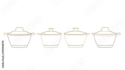 Four stylized, line-drawn illustrations of cooking pots with lids, handles, and gold accents
