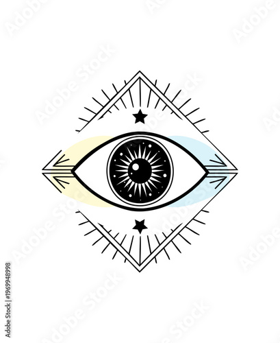 Mystical All-Seeing Eye with Stars and Rays in Geometric Frame - Vector Illustration