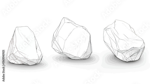 Three stylized, sketched rocks with varying angles, soft shadows on a clean white backdrop