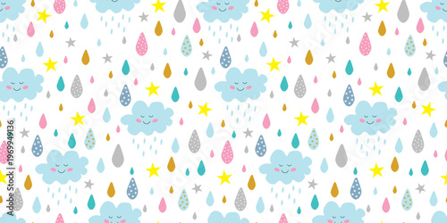 Childrens cute seamless pattern. Fun mood, environment. Smiling rainy cloud and colorful raindrops. For textiles, packaging, wallpapers, backgrounds or websites. Cartoon vector design.