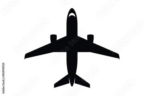 Silhouette of a commercial airplane viewed from above, showcasing its wings, engines, and tail, set against a white background, evoking a sense of travel and adventure.