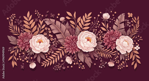 Elegant floral arrangement with various blooms and foliage on a dark background