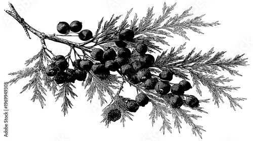Intricate, detailed illustration of a plant branch bearing round berries and needle-like leaves, monochrome