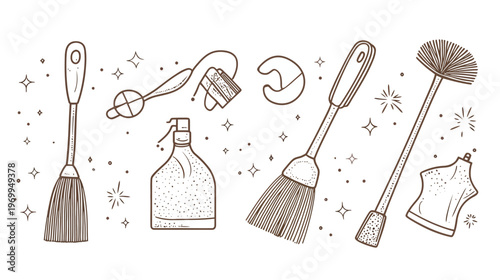 A hand-drawn illustration of cleaning tools broom, spray bottle, scrub, duster. Stars and dots are also present