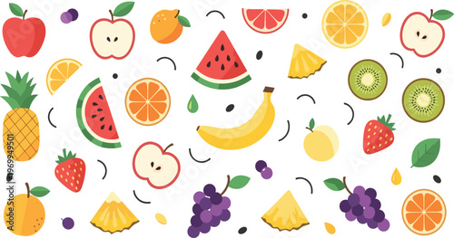 Fresh Mixed Fruits Vector Pattern with Apple, Banana, Grapes, Pineapple, Watermelon, Citrus Slices, and Healthy Organic Food Illustration Collection.