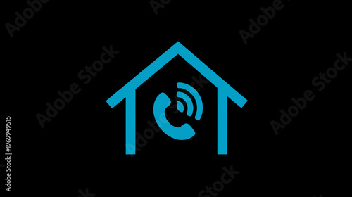 A blue-toned house outline contains a telephone receiver with sound waves on a black background