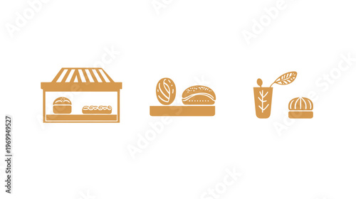 A collection of simple bread illustrations in a warm, sepia tone. Includes a shop and other bakery items