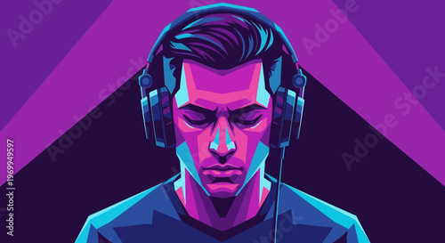 Man wearing headphones in a neon lit graphic illustration