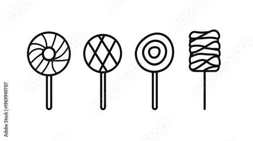 Outlined candy images on white. Includes spiral, criss-cross, concentric, and stack of swirly sweets on sticks