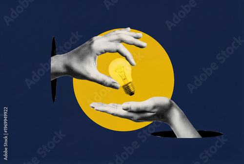 Surreal art collage of hands sharing a glowing lightbulb emerging from black holes against blue background with yellow circle creative idea innovation sharing knowledge inspiration brainstorm thinking