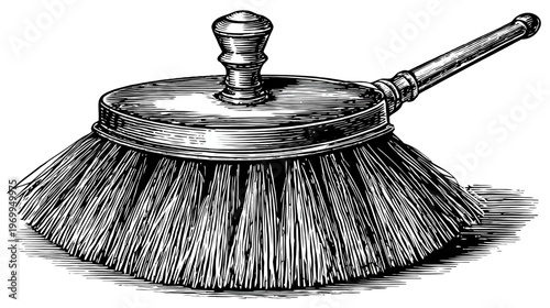 Vintage engraved illustration of a handled dustpan brush, made of bristles and metal